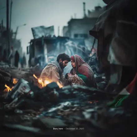 Opera d'arte digitale di Gabriele Ricci raffigurante una famiglia con un neonato tra le macerie di una città devastata dalla guerra, simbolo di speranza, resilienza e umanità.