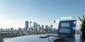 Laptop displaying customer reviews and star ratings with Calgary skyline in the background