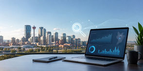 Calgary skyline behind a laptop displaying SEO analytics and search performance data