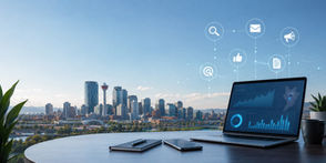 Laptop showing marketing analytics with digital channel icons and Calgary skyline in background