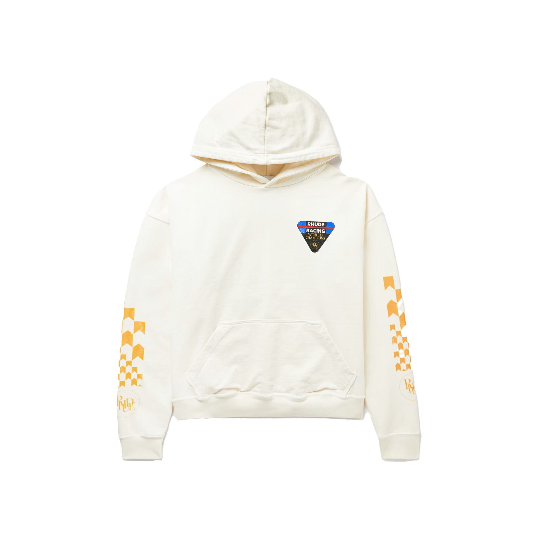 RHUDE LIVERY RACING LOGO HOODIE IN CREAM