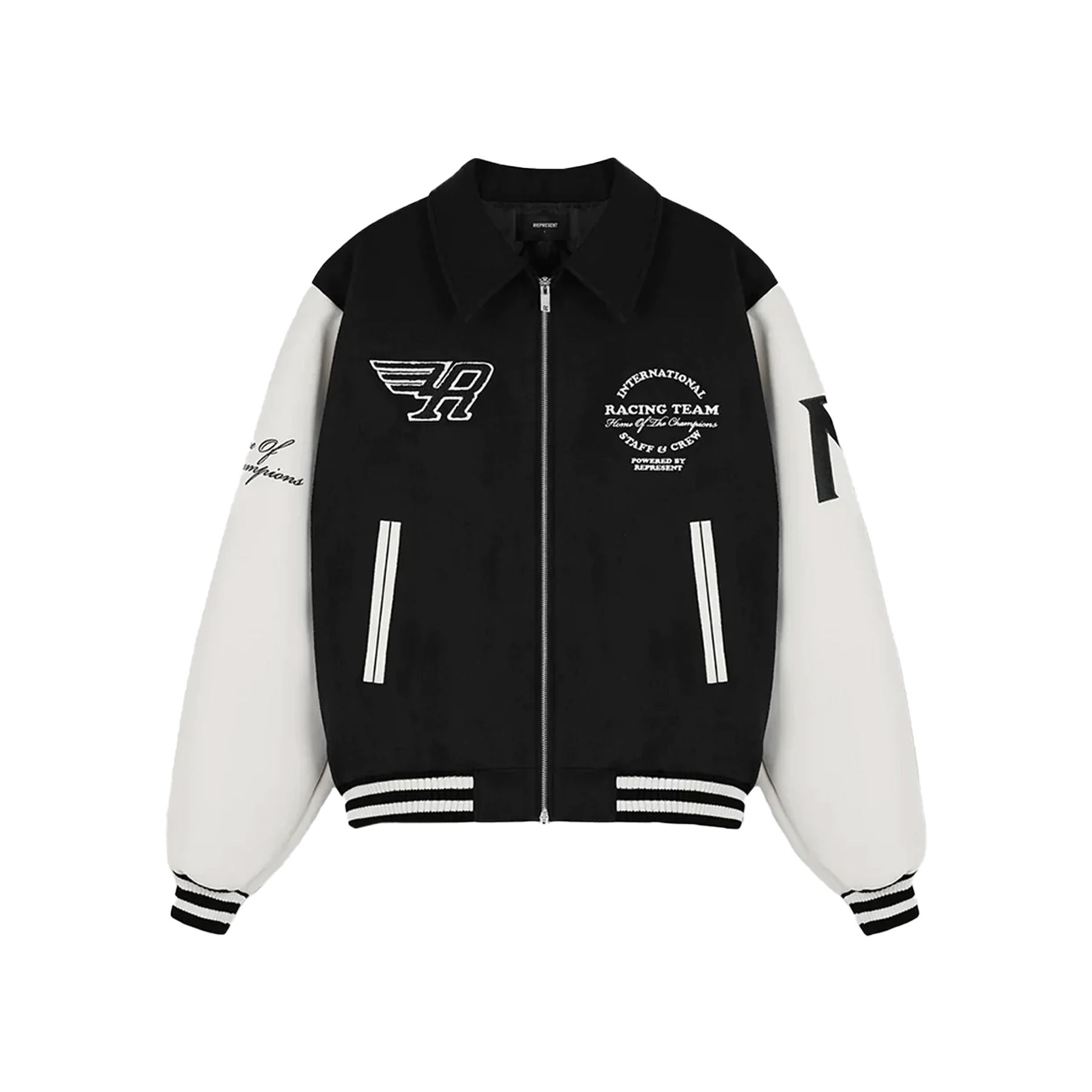 REPRESENT UK RACING TEAM VARSITY JACKET IN BLACK/WHITE