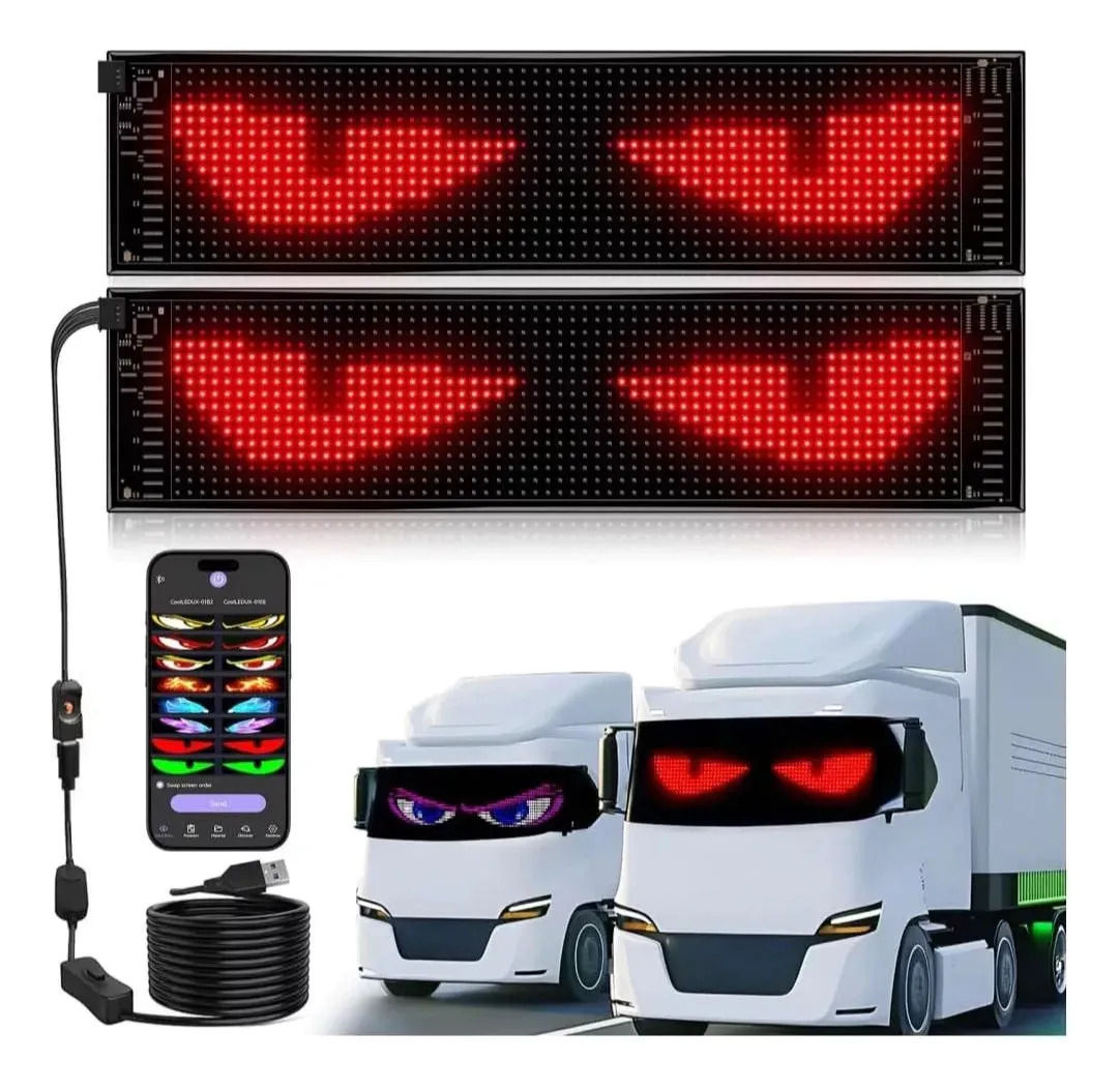 Kit 2 Placa Grande C/ Olhos Led Imagens Carro Caminhão 96x16 Preto