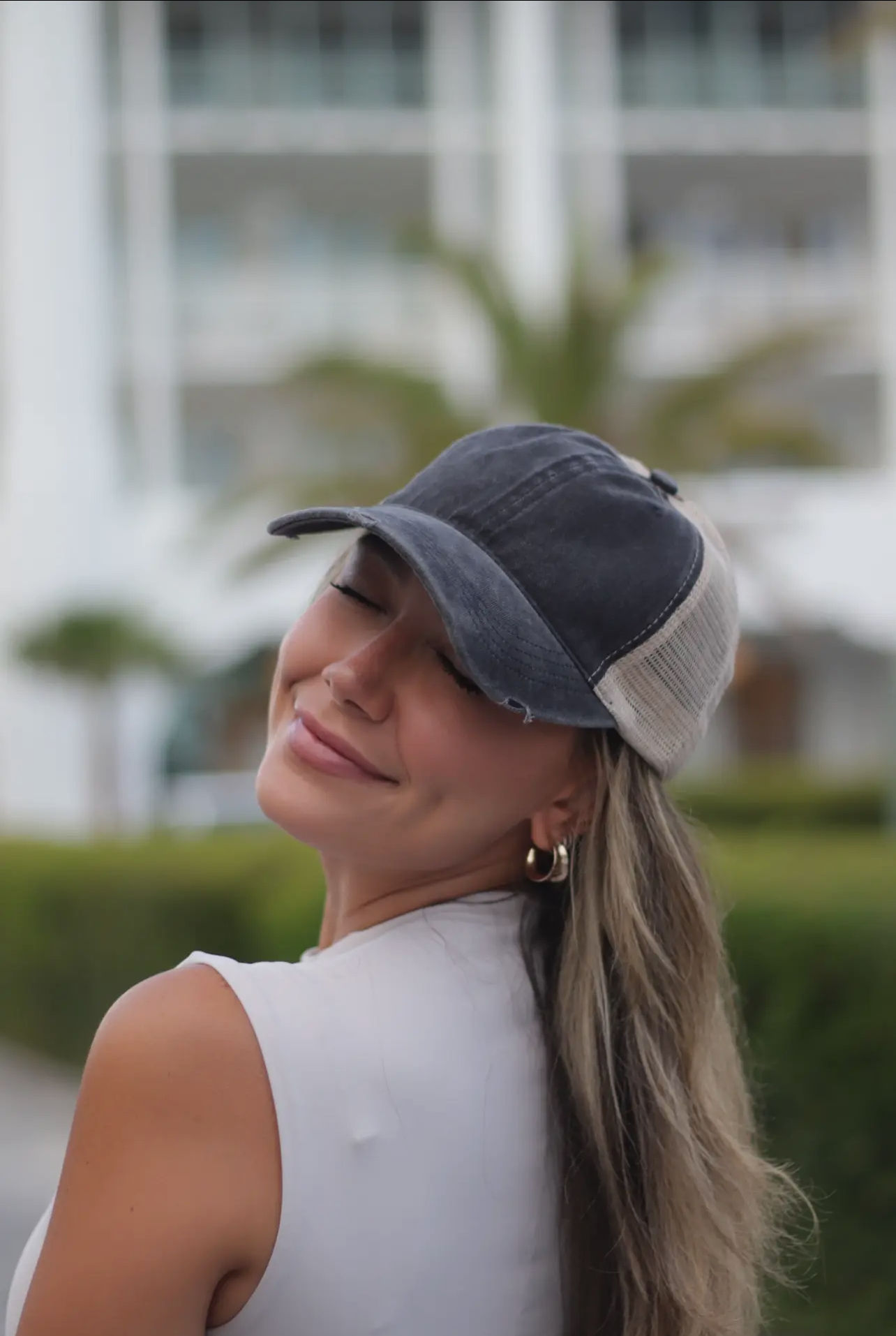 Navy distressed high ponytail hat 