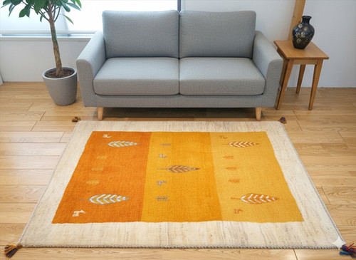 ペルシャ ギャッベ ソファー前 ハーフラグ 145x108㎝ 黄色 黄金色 橙色
