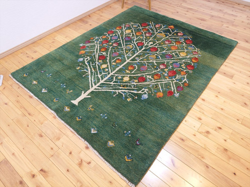 ペルシャ ギャッベ リビング ラグ 200x155cm ザクロの木 緑色 RJ11350
