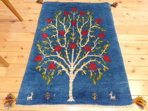 ペルシャ ギャッベ 玄関マット ラグ 90x63㎝ 青色 ザクロの木 RJ14943