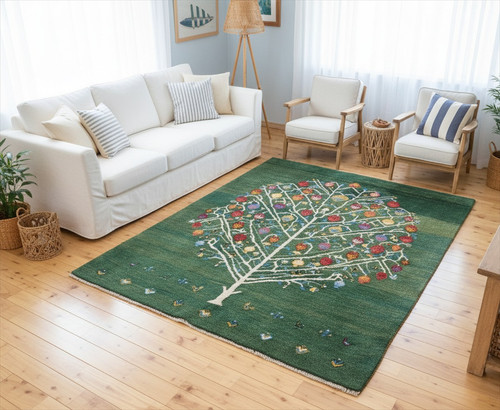 ペルシャ ギャッベ リビング ラグ 200x155cm ザクロの木 緑色 RJ11350