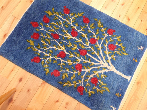 ペルシャ ギャッベ 玄関マット ラグ 90x63㎝ 青色 ザクロの木 RJ14943