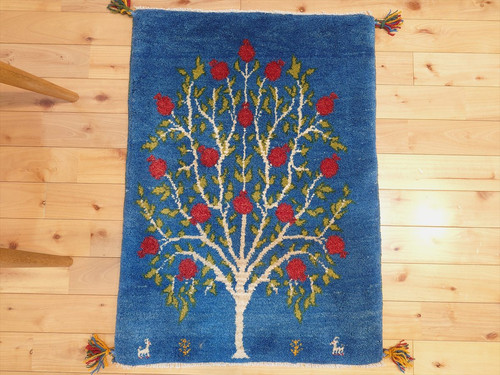 ペルシャ ギャッベ 玄関マット ラグ 90x63㎝ 青色 ザクロの木 RJ14943