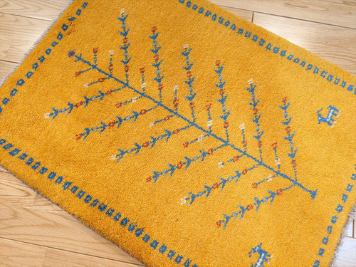 ペルシャ ギャッベ 玄関マット ラグ 84x62cm 黄金色 生命の木 RJ7980