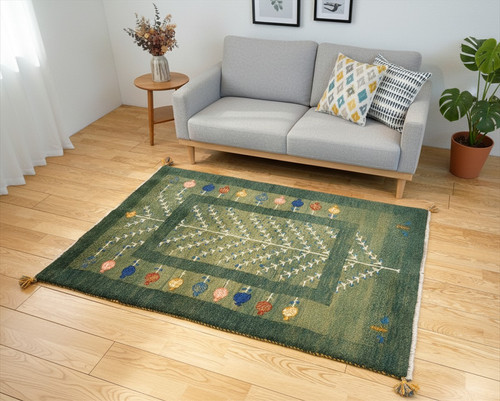ペルシャ ギャッベ ソファー前 ハーフラグ 140x96cm 緑色 ザクロの木