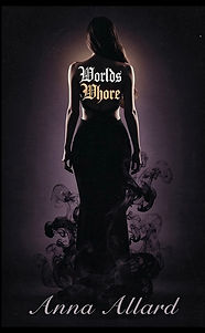 Woman standing in purple and black smoke, words World's Whore tattooed on her back