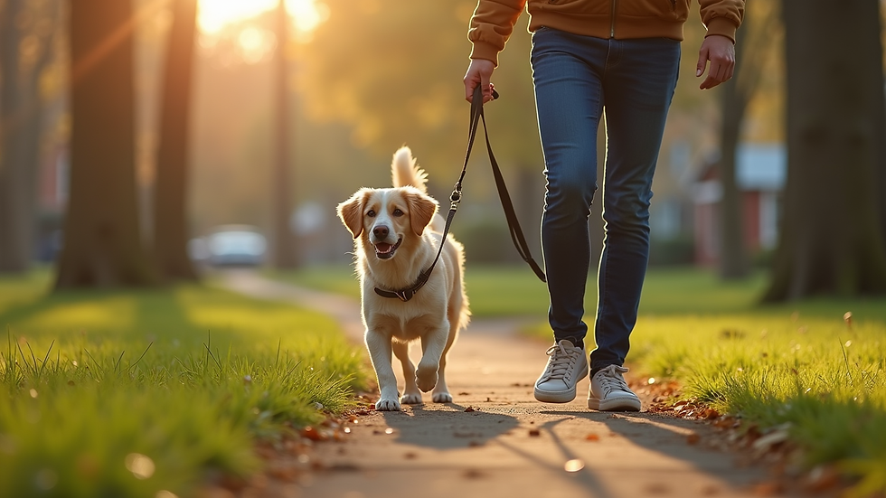 Close-up view of a dog walker holding a leash in a neighborhood park