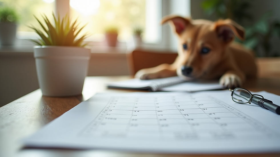 Close-up view of a pet care checklist and calendar on a table