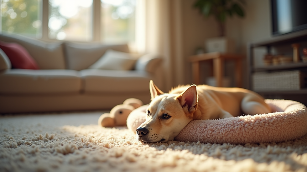 Eye-level view of a cozy living room with a pet bed and toys