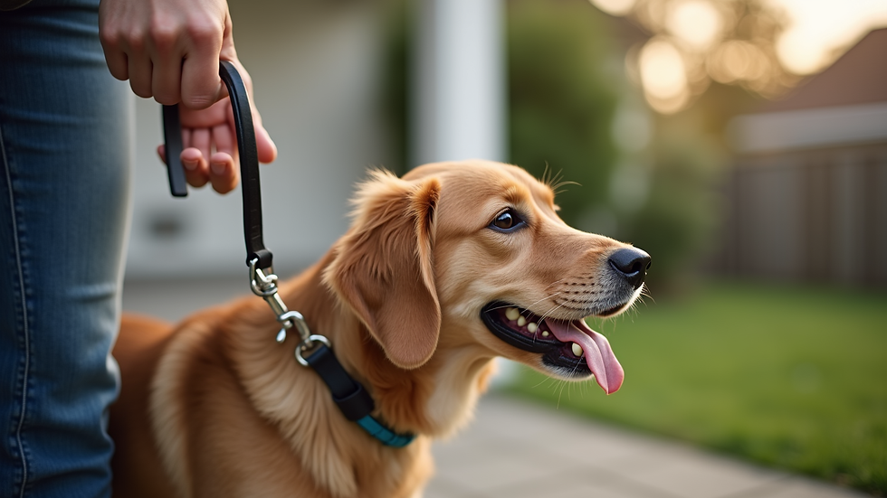 Close-up view of a pet sitter’s hand holding a leash outside a home