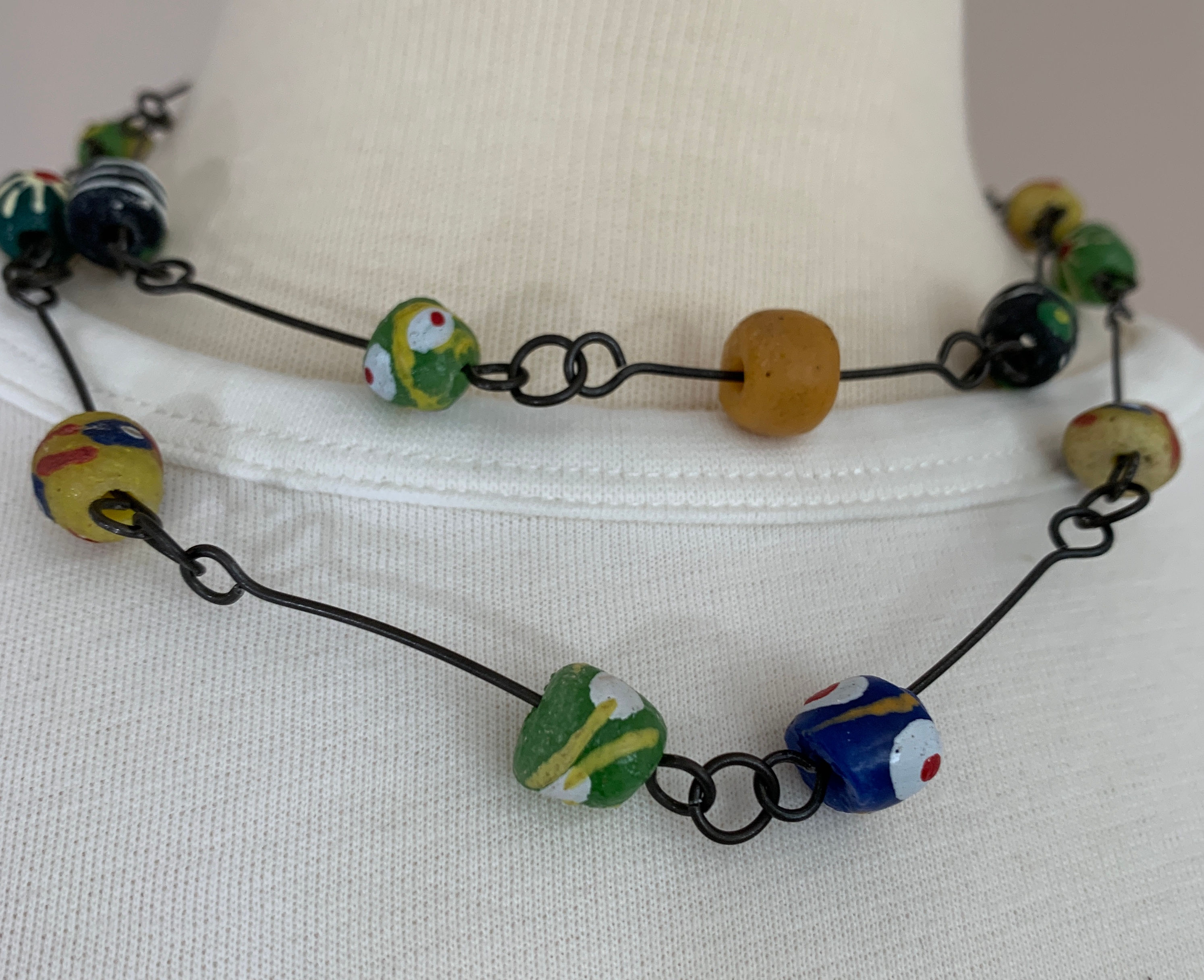 Multiple colors necklace: African Beads & Steel Necklace