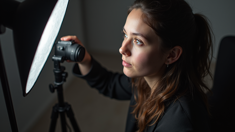 High angle view of a photographer adjusting lighting on a portrait using AI software