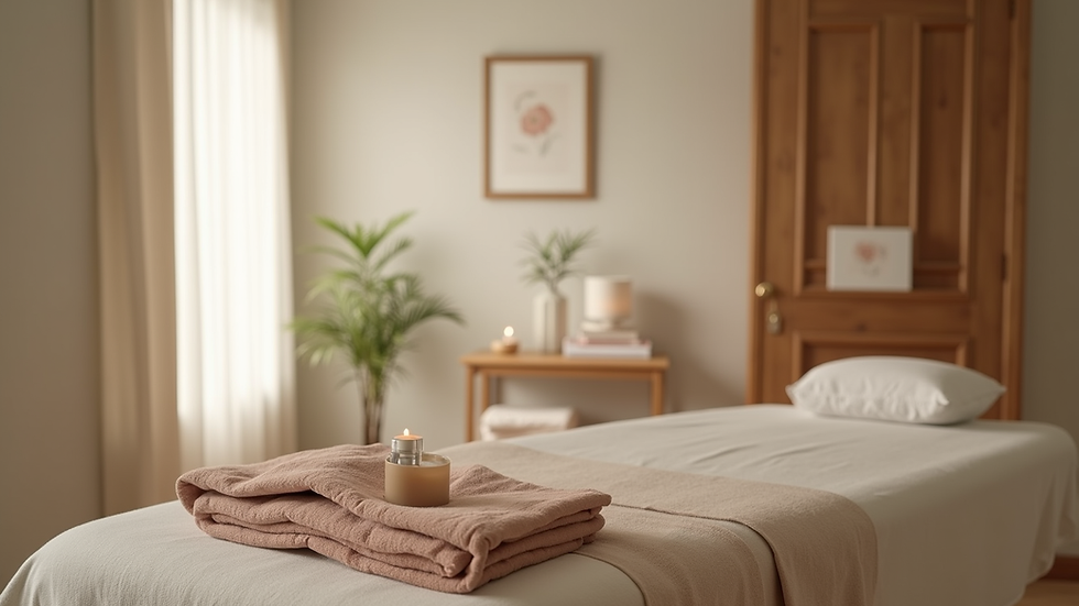 Eye-level view of massage table set up in a calm therapy room