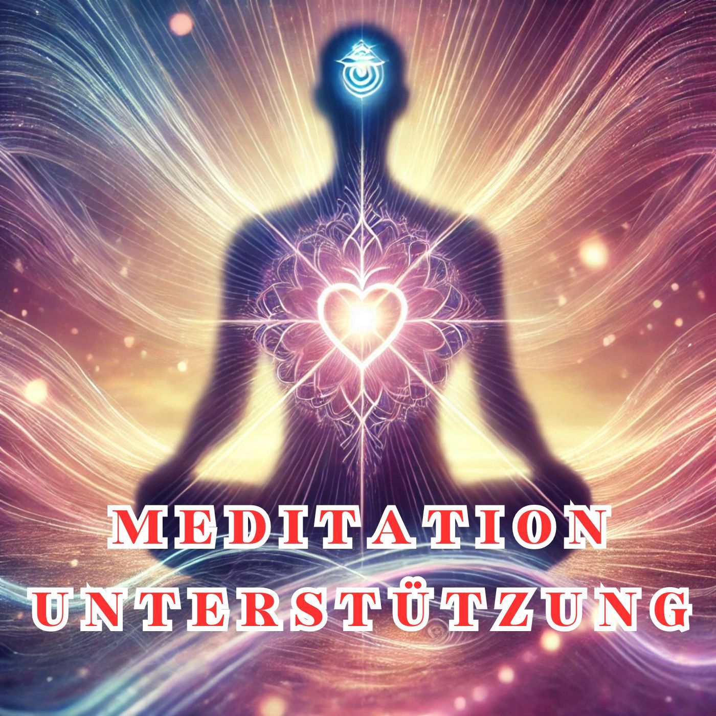 Symbolische Darstellung von Meditation und Herzenergie: Eine meditative Silhouette mit einem leuchtenden Herzchakra.