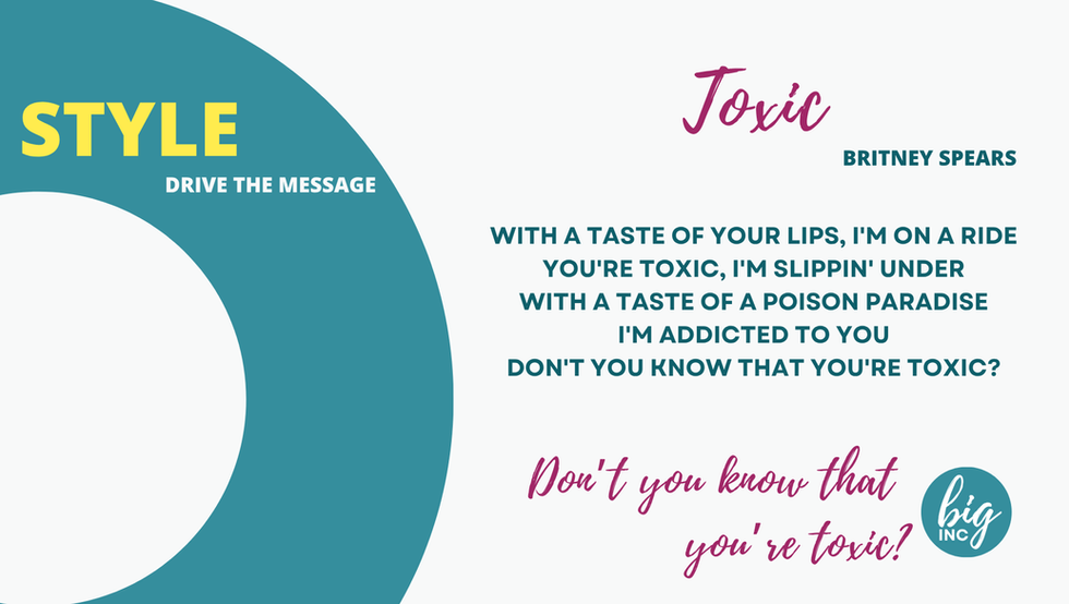 Image with the words "STYLE," "Toxic," and Britney Spears lyrics. BIG INC.