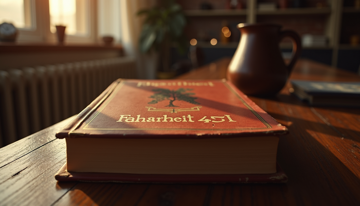 Eye-level view of a vintage book cover of Fahrenheit 451 resting on a wooden table