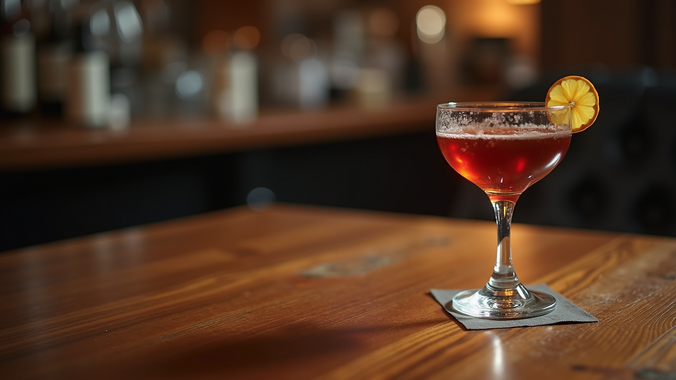 Eye-level view of a vintage cocktail glass with a dark, mysterious drink