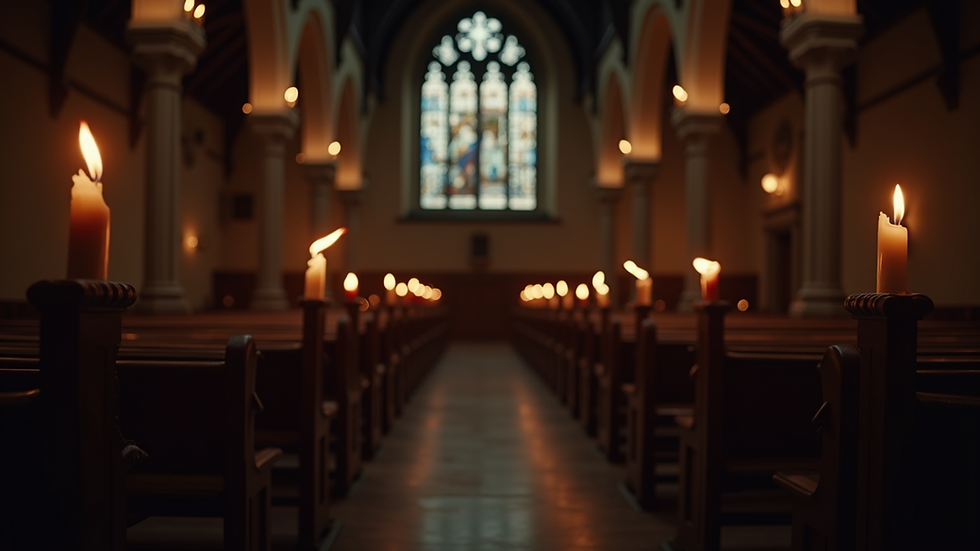 Eye-level view of an old, dimly lit church interior