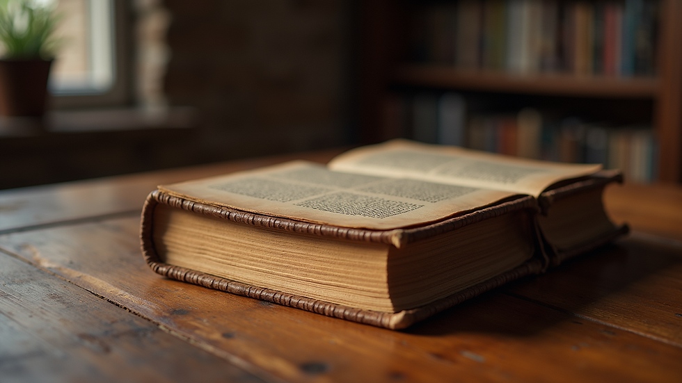Eye-level view of an old leather-bound book on a wooden table