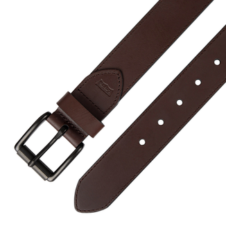 Men's Brown Levis Leather Belt showing buckle laying next to the belt holes.