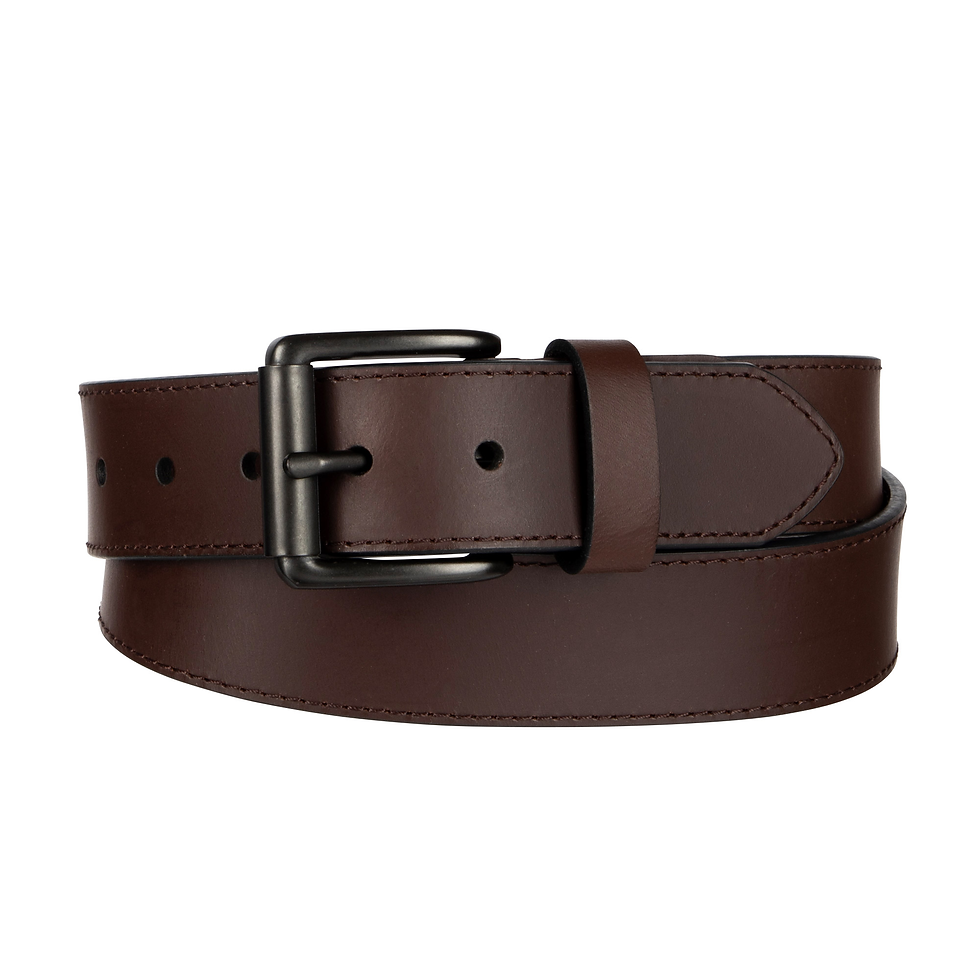 Men's Brown Levis Leather Belt rolled up with buckle showing. Oriented on it's side