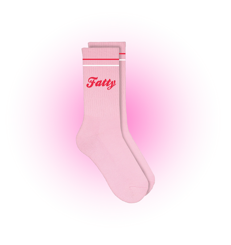 Pink socks, "Fatty" logo in red across band.