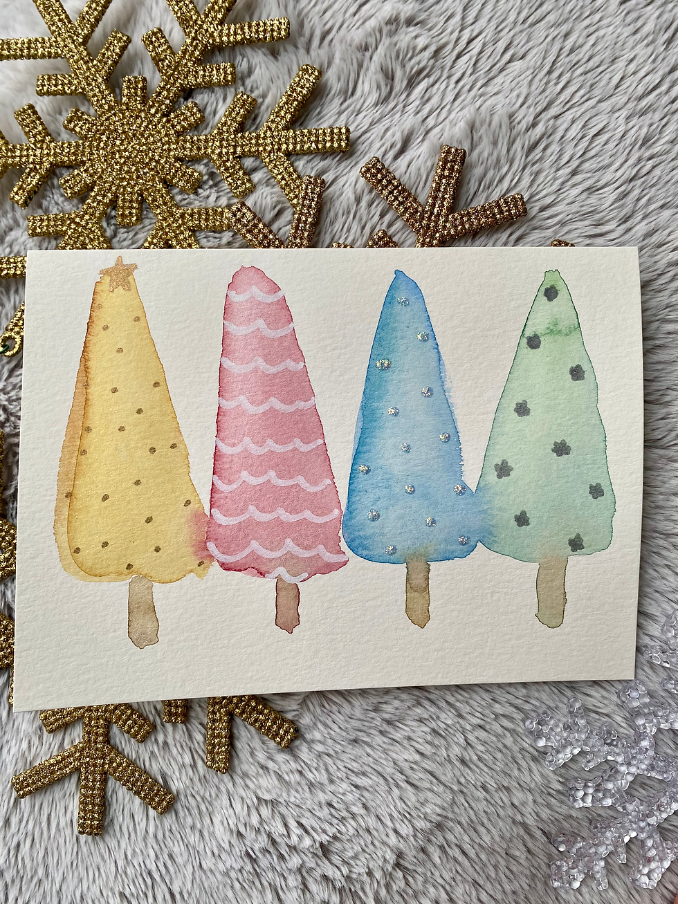 Carte 4 sapins jaune et Cie -picot dorés- peinte à la main