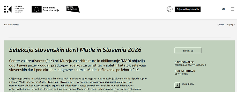 Screen shot: https://czk.si/priloznosti/selekcija-slovenskih-daril-made-in-slovenia-2026/