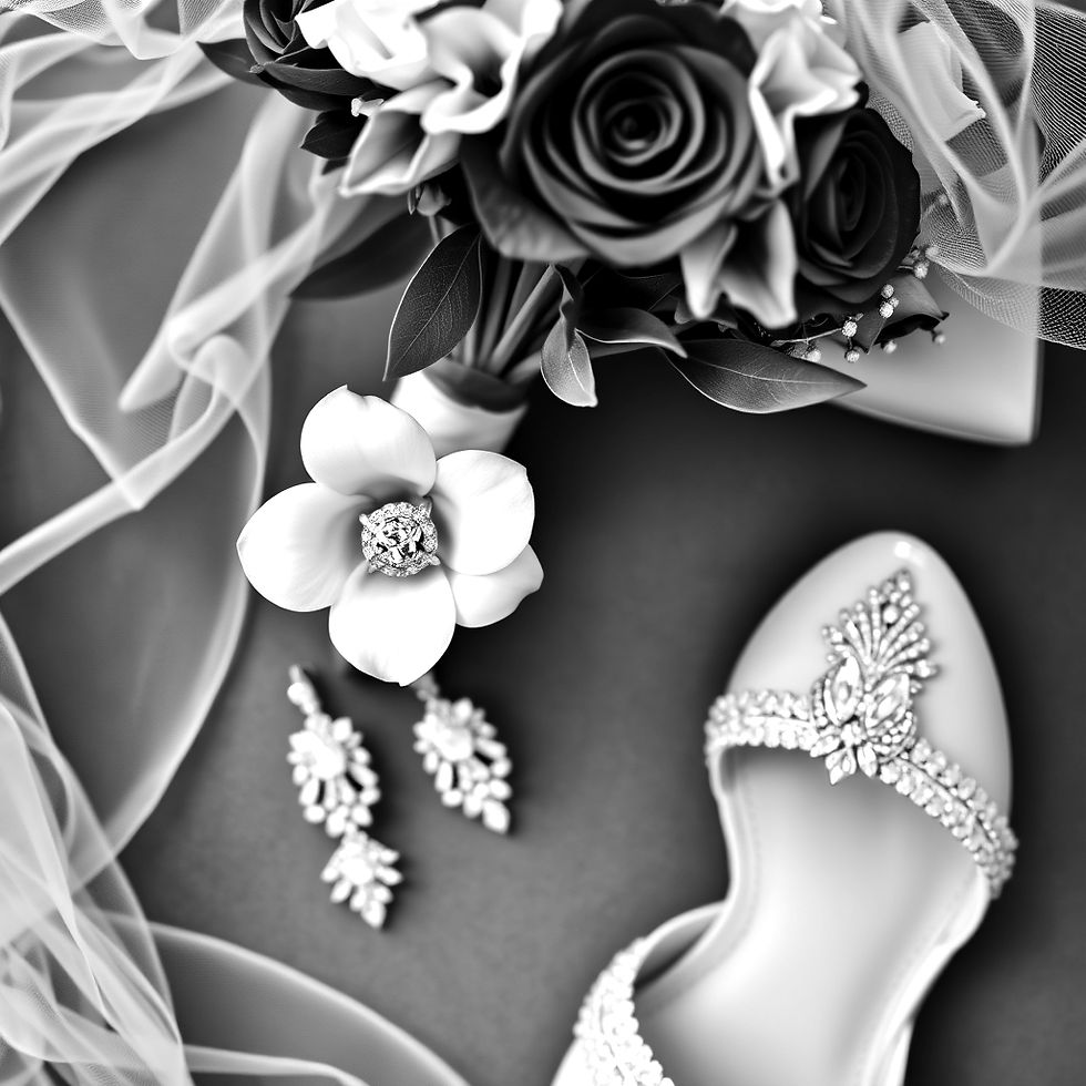 wedding accessories, purple and white flower bouquet, vintage diamond, earrings laying nex