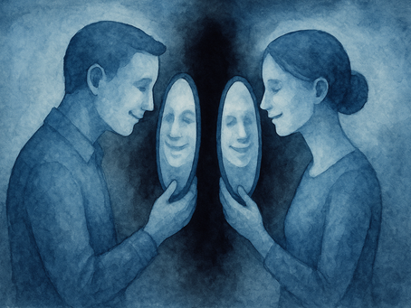 AQUARELLE BLEUE HOMME T FEMME QUI SE REGARDENT DANS UN MIRROIR SANS SE VOIR