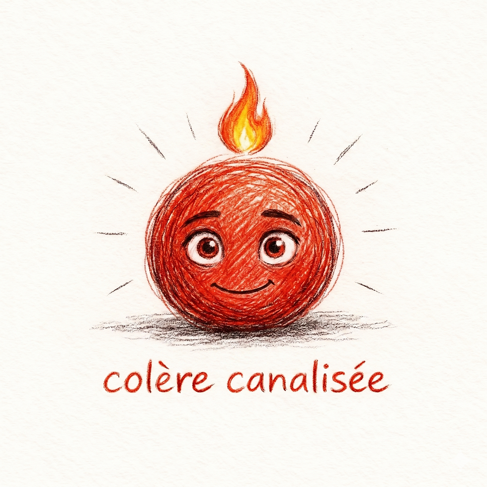 Dessin d'une boule rouge souriante et apaisée, texte colère canalisée.