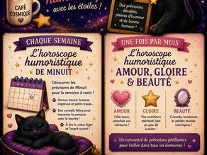 Horoscope humoristique de Minuit le Chat des Constellations : horoscope de la semaine et horoscope mensuel Amour, Gloire et Beauté par Chantal Vitalis.