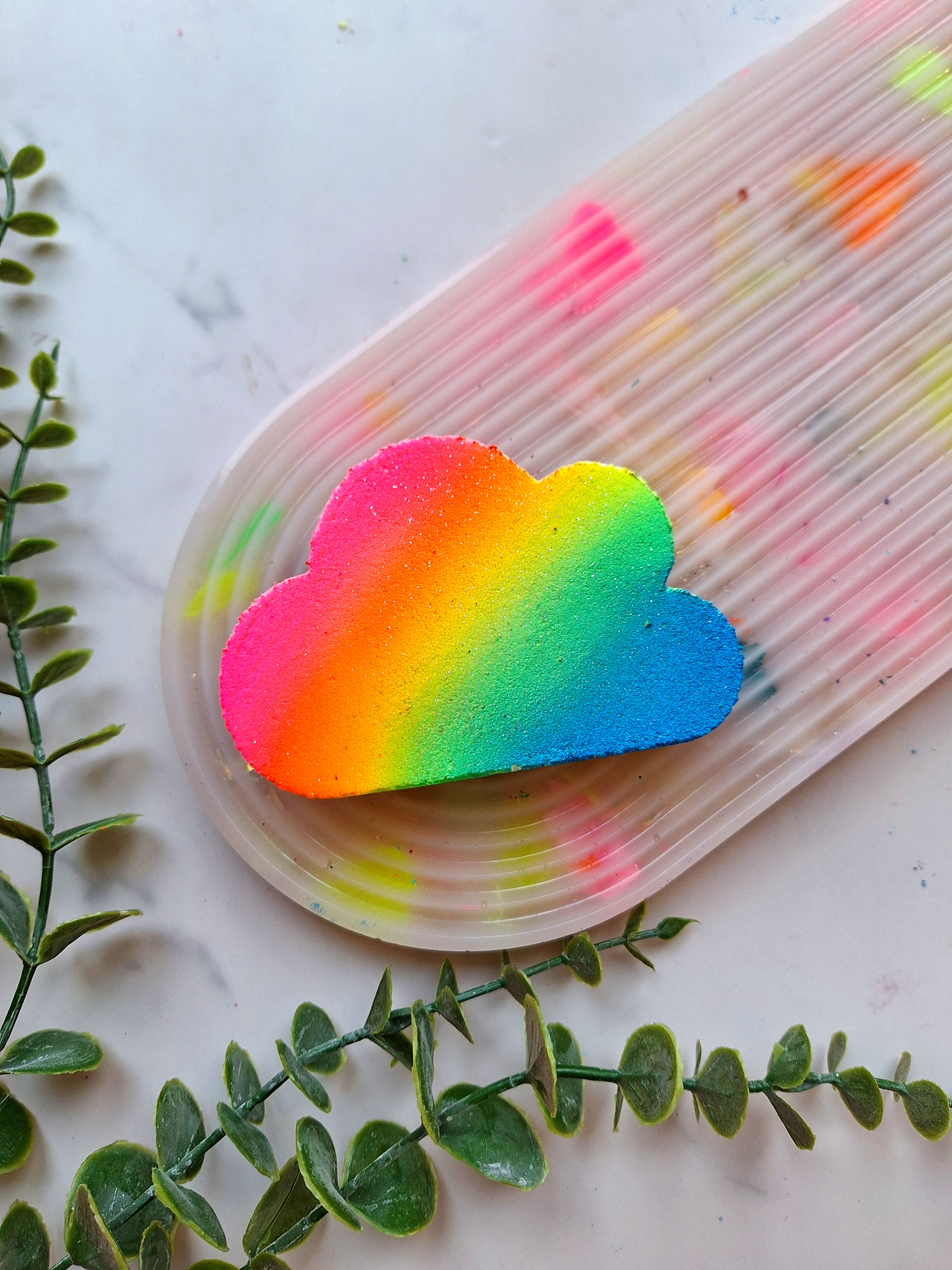 Hand-painted rainbow cloud bath bomb, colourful kids bath bomb