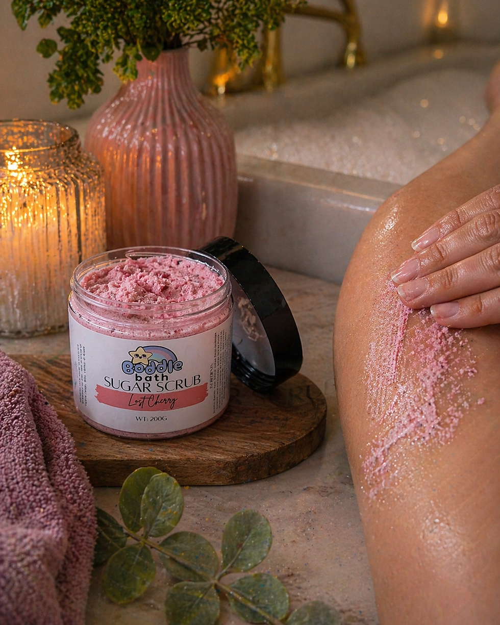 Thumbnail: Pink sugar body scrub beside candles and towels in a relaxing bathroom setting