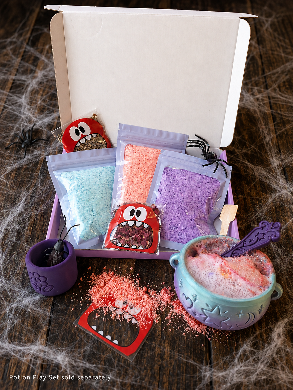 Halloween potion making kit for kids with colourful bath dust, botanicals and potion bowl