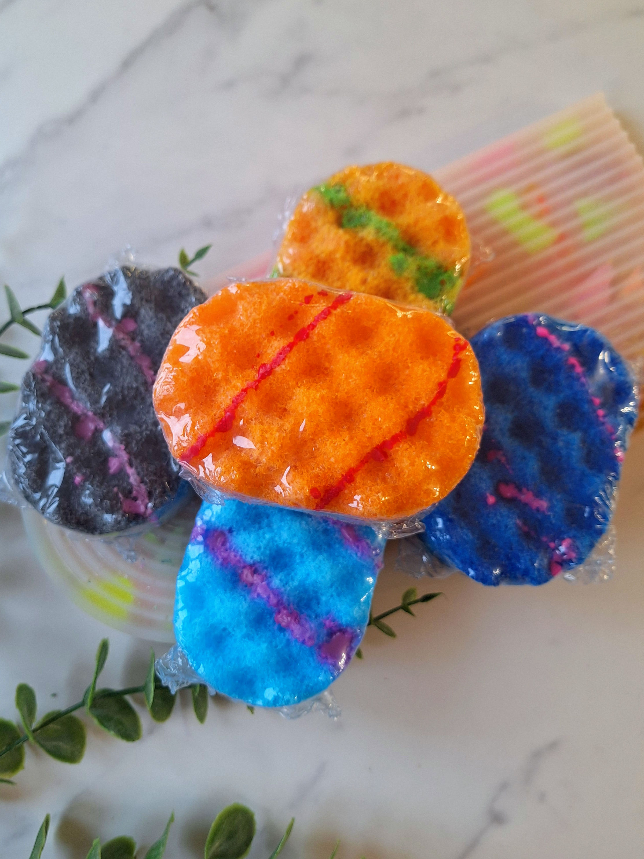 Round soap sponge with colourful soap infused for kids bath and shower use