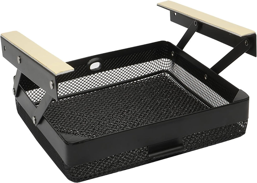 Black metal basket with extending arms on a black background