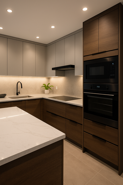 Two-tone modular kitchen with walnut base units, grey wall cabinets, built-in oven, and quartz countertop