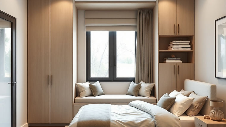 Bedroom with window storage and wardrobe