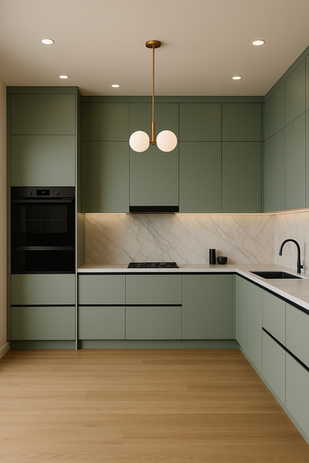 Sage green L-shaped kitchen with built-in oven, marble backsplash, matte black fixtures, and pendant lighting