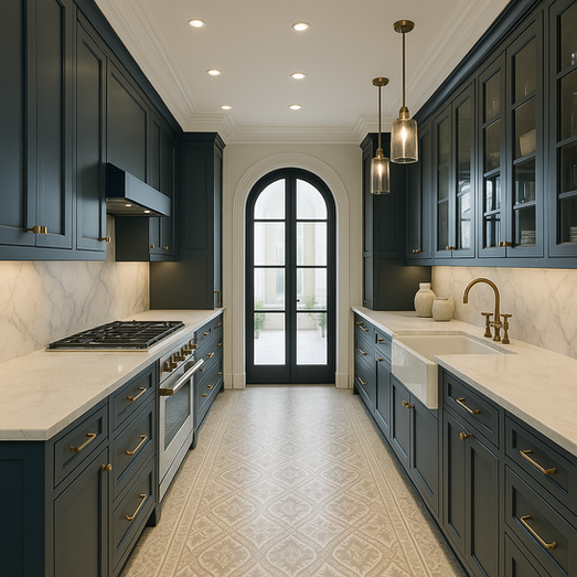 Traditional shaker-style parallel kitchen with navy blue cabinets, marble countertops, brass hardware, and arched French door design