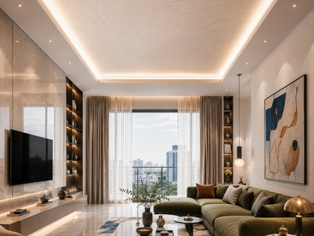 modern living room interior with stretched false ceiling