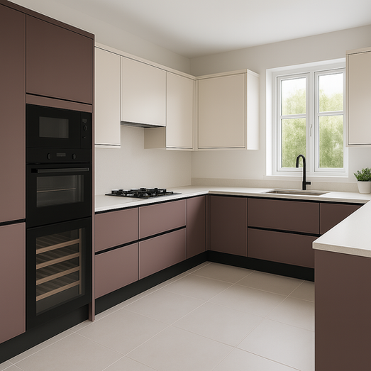 White and Dusty Mauve dual-toned U-shaped modular kitchen with built-in appliances